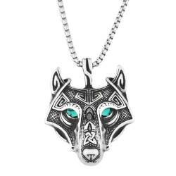 Nordischer Wikinger Odin Wolf Halskette Für Männer - Edelstahl Keltischer Knoten Wolf Kopf Anhänger Halskette - Handgemachte Heidnische Vintage Wolf Signet Amulett Punk Tierschmuck ( Color : Green_60C von TQWSVUM