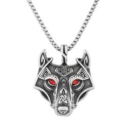 Nordischer Wikinger Odin Wolf Halskette Für Männer - Edelstahl Keltischer Knoten Wolf Kopf Anhänger Halskette - Handgemachte Heidnische Vintage Wolf Signet Amulett Punk Tierschmuck ( Color : Red_60CM von TQWSVUM