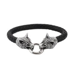 Nordischer Wolf Lederarmband Für Männer - Wikinger Wolfskopf Geflochtenes Ledermanschetten Armband Aus Edelstahl - Handgefertigtes Webseil Odin Fenrir Tierarmreifen Amulett Schmuck ( Color : Silver_23 von TQWSVUM