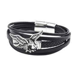 TQWSVUM Herren Eagle Geflochtenes Lederarmband - Viking Edelstahl Flying Eagle Mehrschichtiges Schwarzes Armband - Nordic Pirate Animal Leather Cord Cuff Armreif Amulett Schmuck (Color : Silver_19CM) von TQWSVUM