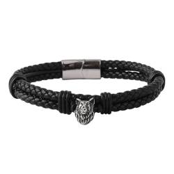 TQWSVUM Männer Frauen Wikinger Wolf Lederarmband – Doppellagiges Edelstahl Wolfskopf Leder Geflochtenes Armband – Nordischer Vintage Fenrir Tieramulett Heidnischer Schmuck (Color : Silver_23CM) von TQWSVUM