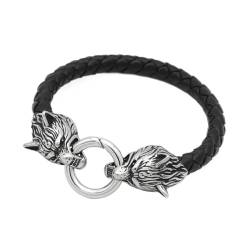 TQWSVUM Männer Viking Wolf Fenrir Leder Armband - Edelstahl Odin Wolf Köpfe Geflochtenes Seil Manschette Armband - Unisex Nordische Heidnische Tier Amulett Armreif Schmuck (Color : Silver_21CM) von TQWSVUM