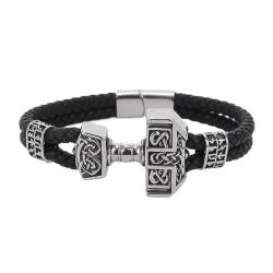 TQWSVUM Mjölnir Armband Für Herren - Viking Thors Hammer Schwarzes Leder Seil Geflochtenes Armband - Nordic Vintage Edelstahl Keltischer Knoten Mjolnir Wickelarmband Schmuck (Color : Silver_20CM) von TQWSVUM