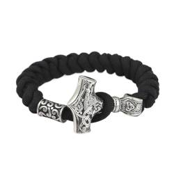 TQWSVUM Nordic Viking Thor's Hammer Wolf Paracord Armband - Männer Frauen Edelstahl Geflochtenes Seil Manschette Armband - Mode Vintage Perle Talisman Armreif Schmuck (Color : Mjolnir C_23CM) von TQWSVUM