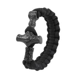 TQWSVUM Viking Thor's Hammer Paracord Geflochtenes Armband Für Männer Frauen - Nordic Edelstahl Mjolnir Woven Rope Armband - Mode Vintage Talisman Manschette Armband Schmuck (Color : Black_19CM) von TQWSVUM