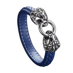 TQWSVUM Wikinger Löwenkopf Geflochtenes Lederarmband Für Herren - Nordic Vintage Edelstahl Brüllender Löwenköpfe Lederarmreif - Handgemachtes Tieramulett Armband Gothic Schmuck (Color : Blue_185MM) von TQWSVUM