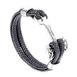 Viking Mjolnir Lederarmband Für Herren - Nordic Edelstahl Thor's Hammer Leder Geflochtenes Armband - Vintage Doppellagiger Ausgehöhlter Keltischer Knoten Manschettenarmreif Schmuck ( Color : Silver_19 von TQWSVUM