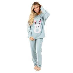 TRAMAS+ Fleece-Pyjama für Damen Winter Set Lang Zweiteiliger Nachtwäsche Weich Warm Flanell für Zuhause für Mädchen | Rudolph Tiffanygrün, L von TRAMAS+