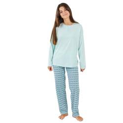 TRAMAS+ Schlafanzug Damen Lang 100% Baumwolle Pyjama Set Zweiteiliger Nachtwäsche Winter Langarm - Galieni Grünblau, S von TRAMAS+