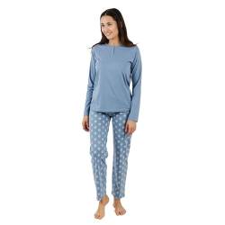 TRAMAS+ Schlafanzug Damen Lang 100% Baumwolle Pyjama Set Zweiteiliger Nachtwäsche Winter Langarm - Garbo Indigo Blau, XL von TRAMAS+