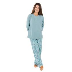 TRAMAS+ Schlafanzug Damen Lang 100% Baumwolle Pyjama Set Zweiteiliger Nachtwäsche Winter Langarm - Hera Grünblau, S von TRAMAS+