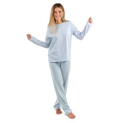 TRAMAS+ Schlafanzug Damen Lang 100% Baumwolle Pyjama Set Zweiteiliger Nachtwäsche Winter Langarm - Leonora Hellblau, L von TRAMAS+