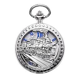 TREEWETO Taschenuhr mit Kette Herren Analog Handaufzug Dampflokomotive Römische Ziffern Silber von TREEWETO