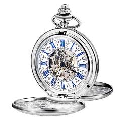 TREEWETO Taschenuhr mit Kette Herren Analog Handaufzug Doppelscharnier Antik Skelett Römische Ziffern Silber von TREEWETO