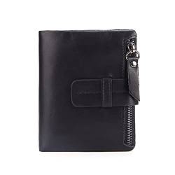 TREGOO Portemonnaie Herren Vintage Stil Leder Brieftasche Männer Erste Schicht Rindsleder Reißverschluss Kurze Münze Geldbörse Zipper Brieftasche (Color : Black) von TREGOO