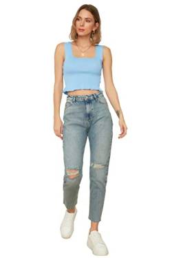 TRENDYOL Damen Blue Torn Detailed High Waist Mother Jeans, Blau, 36 EU von TRENDYOL