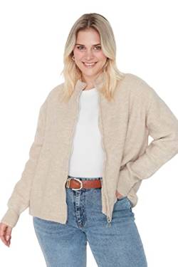 TRENDYOL Damen Cardigan With Stand-up Collar and Plain Regular Plus Size Pullover, Stone, XXL Große Größen EU von TRENDYOL