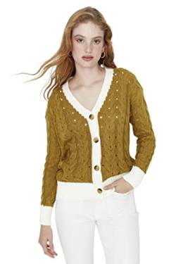 TRENDYOL Damen Cardigan mit V-Ausschnitt und Colorblock-Schnitt Pullover, Natur, S von TRENDYOL