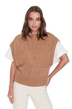 TRENDYOL Damen Crew Neck Cable Knit Regular Vest Sweater, Camelfarben, M EU von TRENDYOL