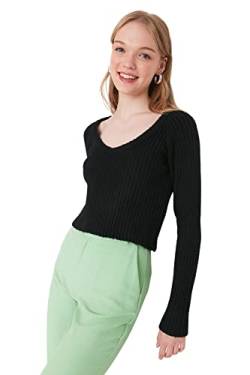 TRENDYOL Damen Einfarbiger Pullover mit U-Ausschnitt Sweatshirt, Schwarz, L von TRENDYOL