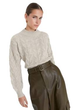 TRENDYOL Damen Gemusterter Pullover mit Hohem Ausschnitt Sweatshirt, Stone, L von TRENDYOL