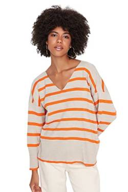 TRENDYOL Damen Gestreifter Pullover mit V-Ausschnitt Sweatshirt, Stone, S von TRENDYOL