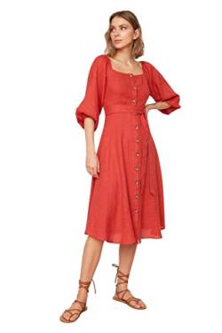 TRENDYOL Damen Midi A-line Regular Dress Kleid Karrée-Ausschnitt Standard Braun Kleid, Zimt, 30 von TRENDYOL