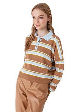 TRENDYOL Damen Pullover mit Polo-Kragen, Gestreift Sweatshirt, Hellblau, S von TRENDYOL