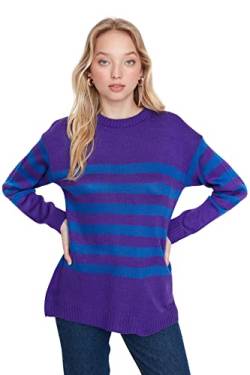 TRENDYOL Damen Pullover mit Rundhalsausschnitt, Gestreift, Oversize Sweatshirt, Violett, S von TRENDYOL