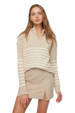 TRENDYOL Damen Pullover mit Stehkragen, Gestreift Sweatshirt, Beige, S EU von TRENDYOL