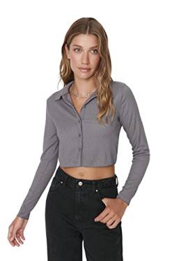 TRENDYOL Damen Stone Button Polo Collar Burst Crop Knitted Blouse Shirt, Gray, XS EU von TRENDYOL