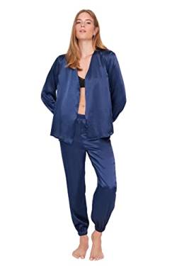 TRENDYOL Damen Trendyol Damen Unifarben Elastische Taille Mitte Webstoff Hemd-hose Pyjama Pajama Set Double-breasted Standard Indigo Pajama Set, Indigoblau, 42 von TRENDYOL