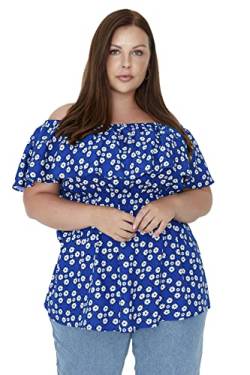 TRENDYOL Damen Trendyol Women's Plus Size Off Shoulder Carmen Collar Woven Plus Size Blouse Hemd, Blau, 50 Große Größen EU von TRENDYOL