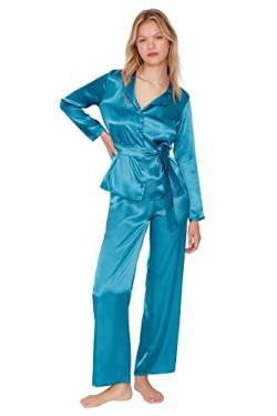TRENDYOL Damen Unifarben mit Gürtel Mitte Webstoff Hemd-Hose Pyjama Pajama Set, Teal, 38 (2er Pack) von TRENDYOL