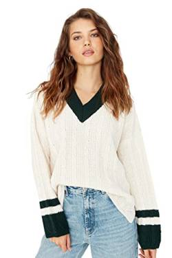 TRENDYOL Damen V-Ausschnitt Colorblock Oversize Sweater Sweatshirt, Ekru, L von TRENDYOL