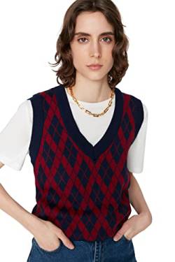 TRENDYOL Damen V-neck Diamond Pattern Regular Vest Sweater, Marineblau, L EU von TRENDYOL