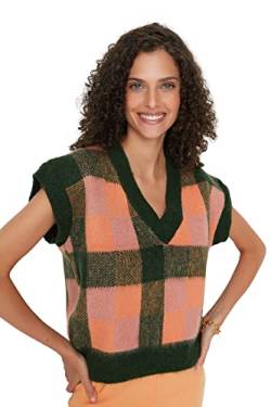 TRENDYOL Damen V-neck Plaid Regular Vest Sweater, Grün, S EU von TRENDYOL