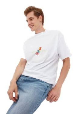 TRENDYOL Herren Männlicher Regelmäßiger Sitz 100% Baumwolle Steile Kragen Gedruckt Kurzarm Tshirt T-Shirt Westlich, Weiß, M von TRENDYOL