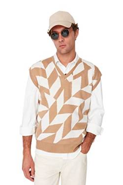 TRENDYOL Herren Rundhalsausschnitt Geometrisches Muster Regular Strickweste Sweater, Camelfarben, L EU von TRENDYOL