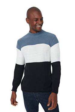 TRENDYOL Herren Umlegekragen Colorblock Slim Sweater Sweatshirt, Indigoblau, XL EU von TRENDYOL