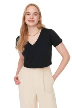 Trendyol Damen Basics Regular Fit Basic V-Ausschnitt Strick-T-Shirt Hemd, Schwarz, M von TRENDYOL