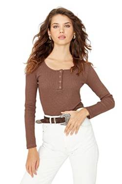 Trendyol Damen Figurbetont Bodycon Tiefer Rundhals Gestrickt Bluse, Braun, L von TRENDYOL