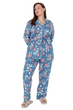 Trendyol Damen Geblümt Gestrickt Hemd-Hose Große Größen in Pyjama-Set, Blau, 2XL von TRENDYOL