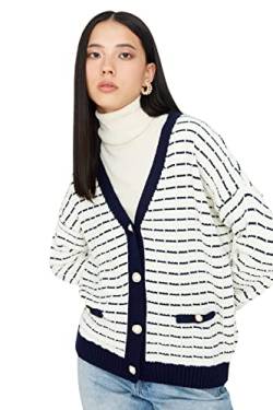 Trendyol Damen Gestreifte Strickjacke mit V-Ausschnitt Pullover, Marineblau, S von TRENDYOL