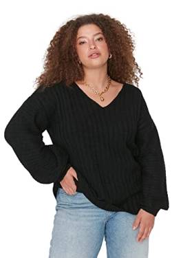 Trendyol Damen Pullover mit V-Ausschnitt, einfarbig, entspannt, Übergröße Sweatshirt, Schwarz, 54 von TRENDYOL