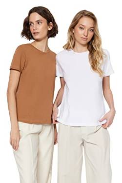 Trendyol Damen Regular Fit Basic Rundhals Knit T-Shirt, Camel-Weiß, M von TRENDYOL