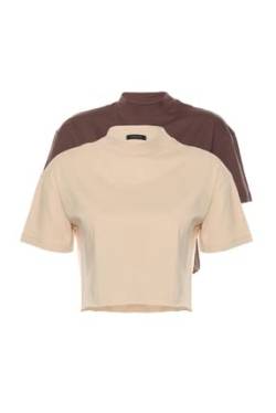 Trendyol Damen Relaxed Standard Stehkragen Knit T-Shirt Hemd, beige/braun, Large von TRENDYOL