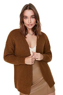 Trendyol Damen Reverskragen, einfarbig, Normale Strickjacke Pullover, braun, L von TRENDYOL