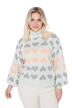 Trendyol Damen Rollkragenpullover mit Herzmotiv, reguläre Übergröße Sweatshirt, Mint, 3XL von TRENDYOL