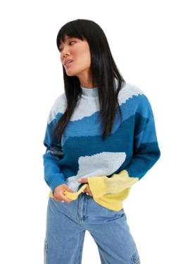 Trendyol Damen Stehkragen, Gemustert, normaler Pullover Sweatshirt, blau, 36 von TRENDYOL